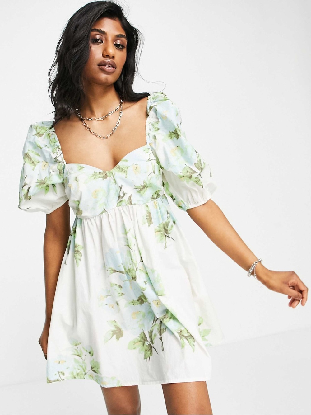 Free People Cream Mini Dress with Green Floral Print 100%Cotton 1323